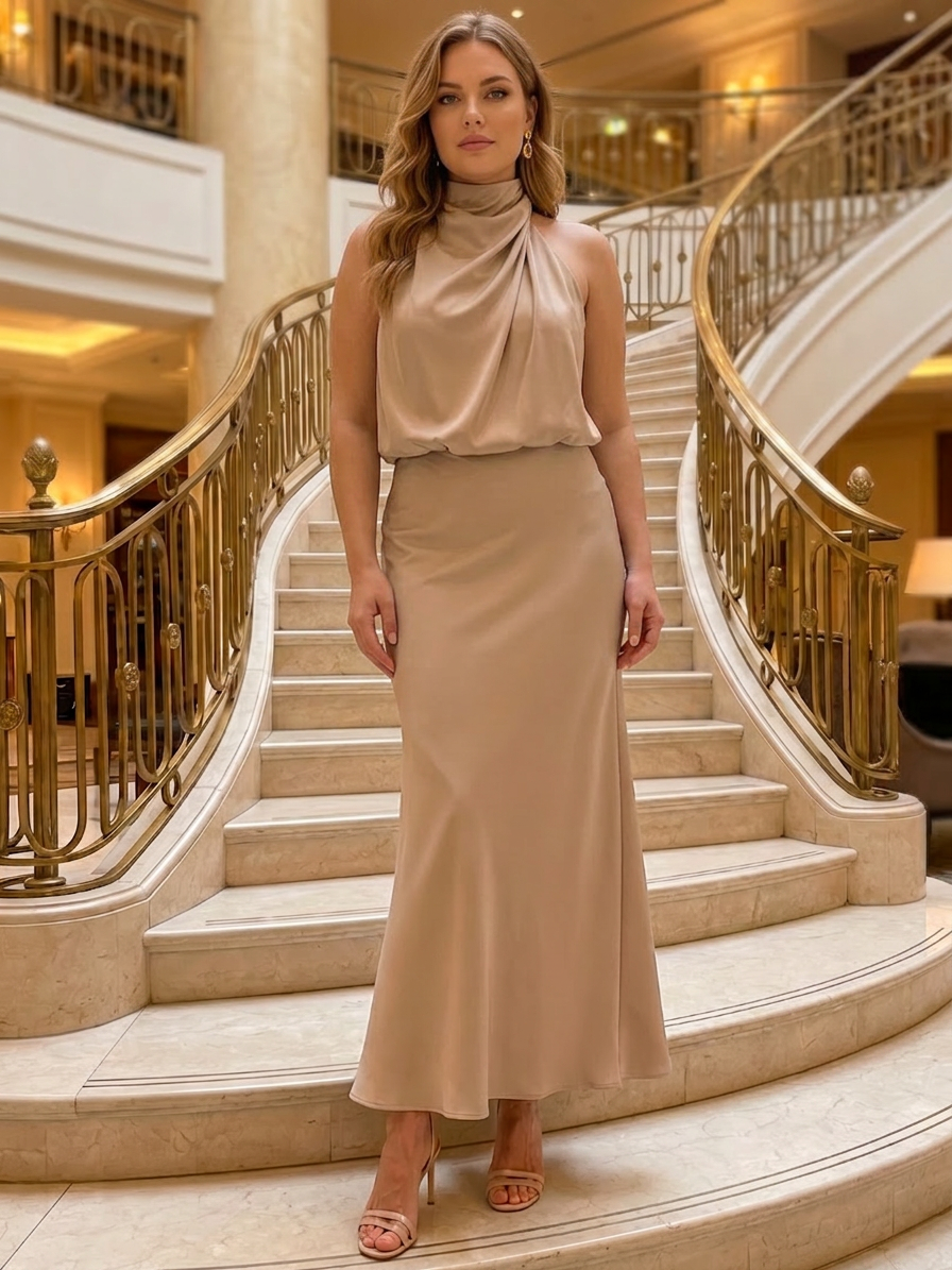 Nopal | Sleeveless Draped Neck Midi Dress - Plus size model