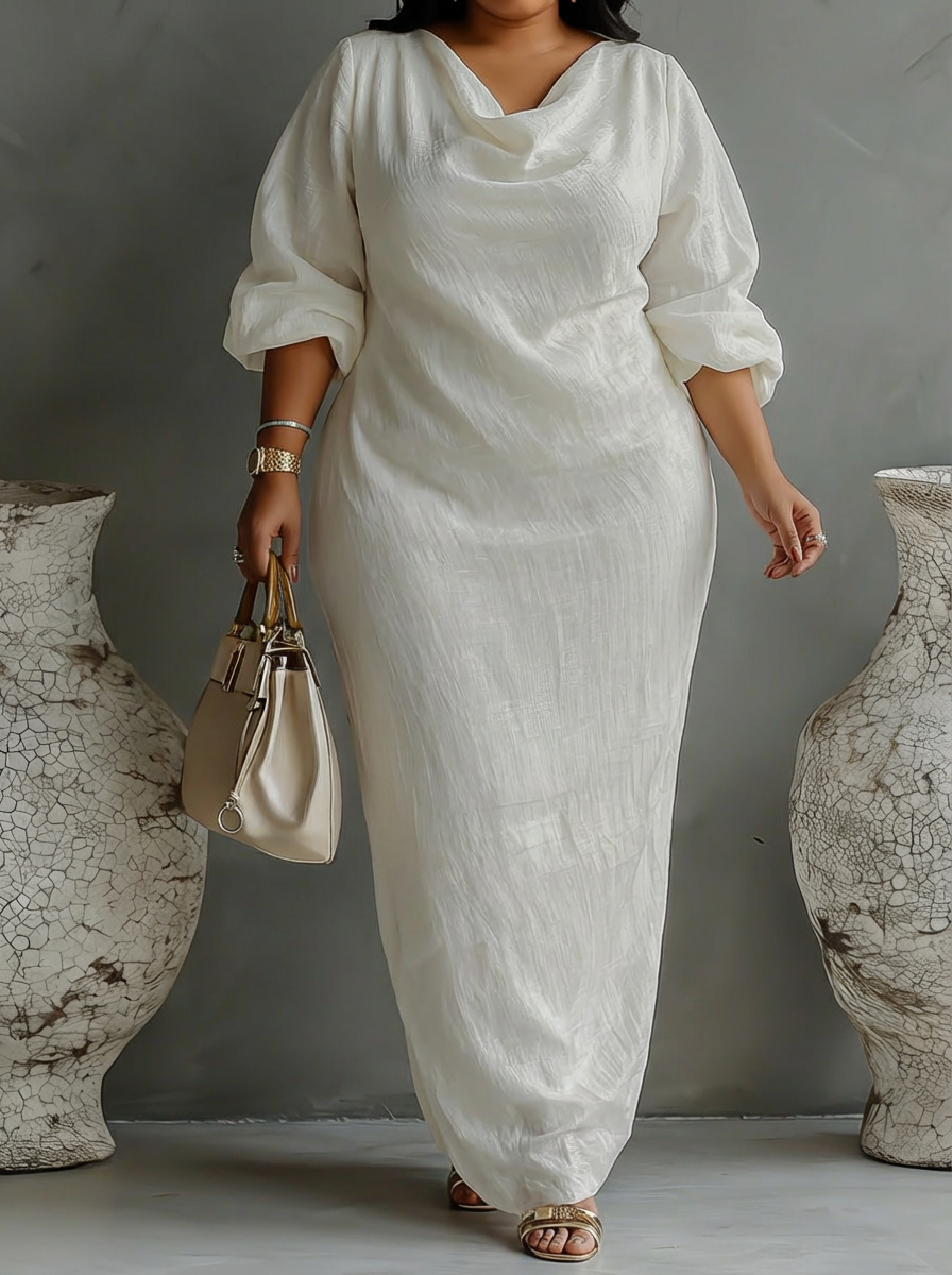 Elegant Flowing Dress in Ivory White with Off-Shoulder - Plus size model