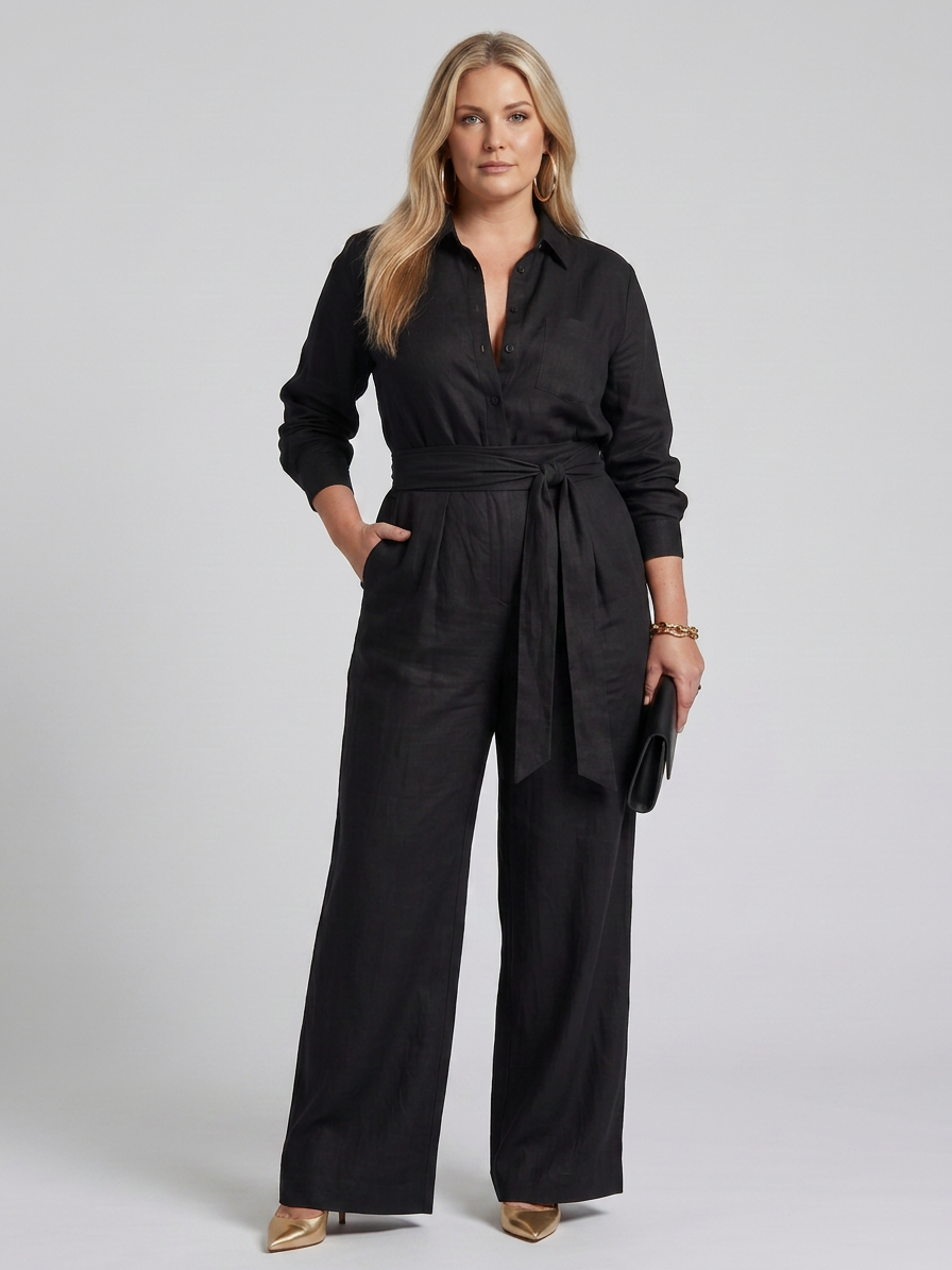 Jovie | Long Sleeve Button Front Wide Leg Jumpsuit - Plus size model