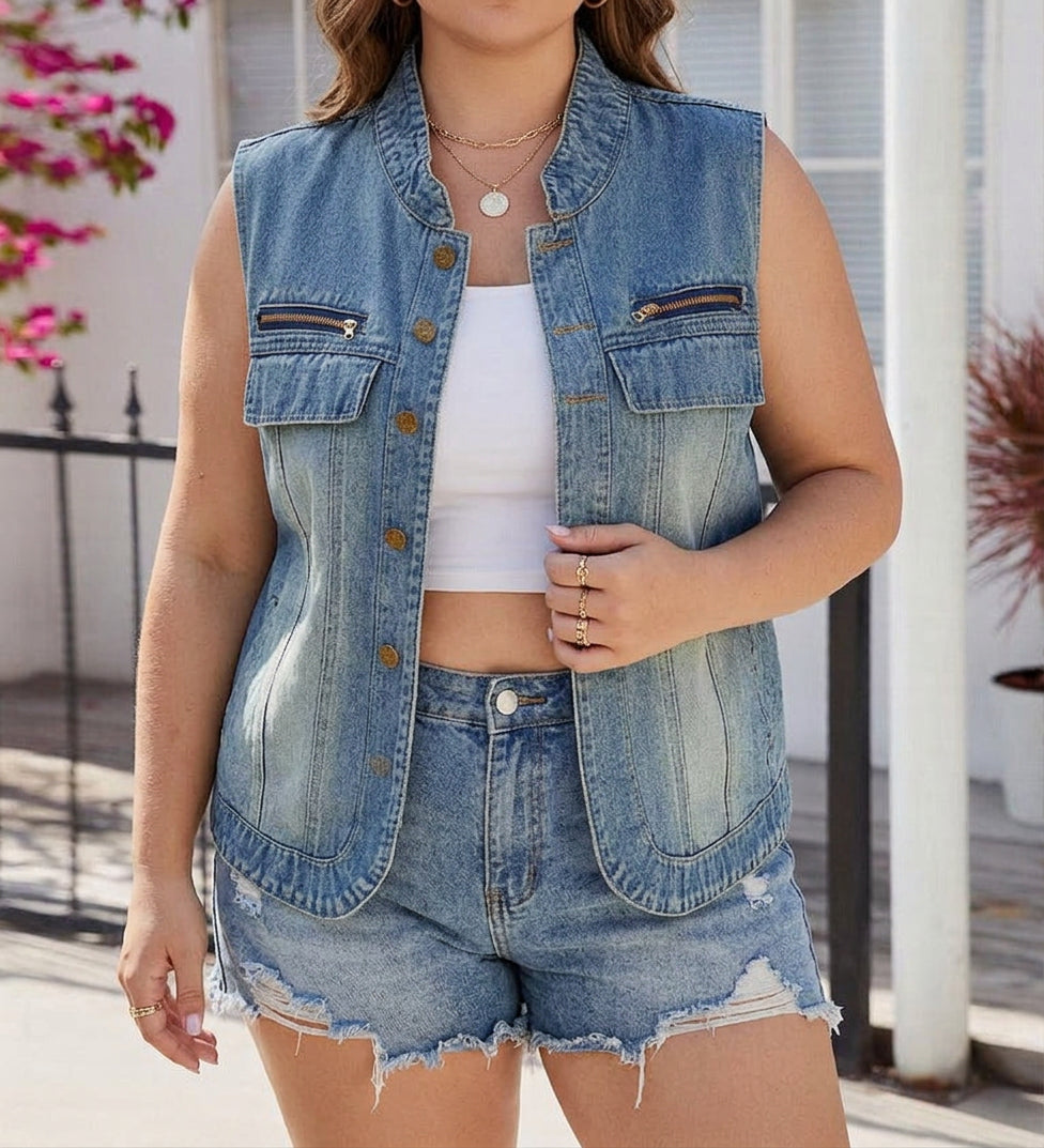 Charlotte Denim Jacket Vest - Plus size model