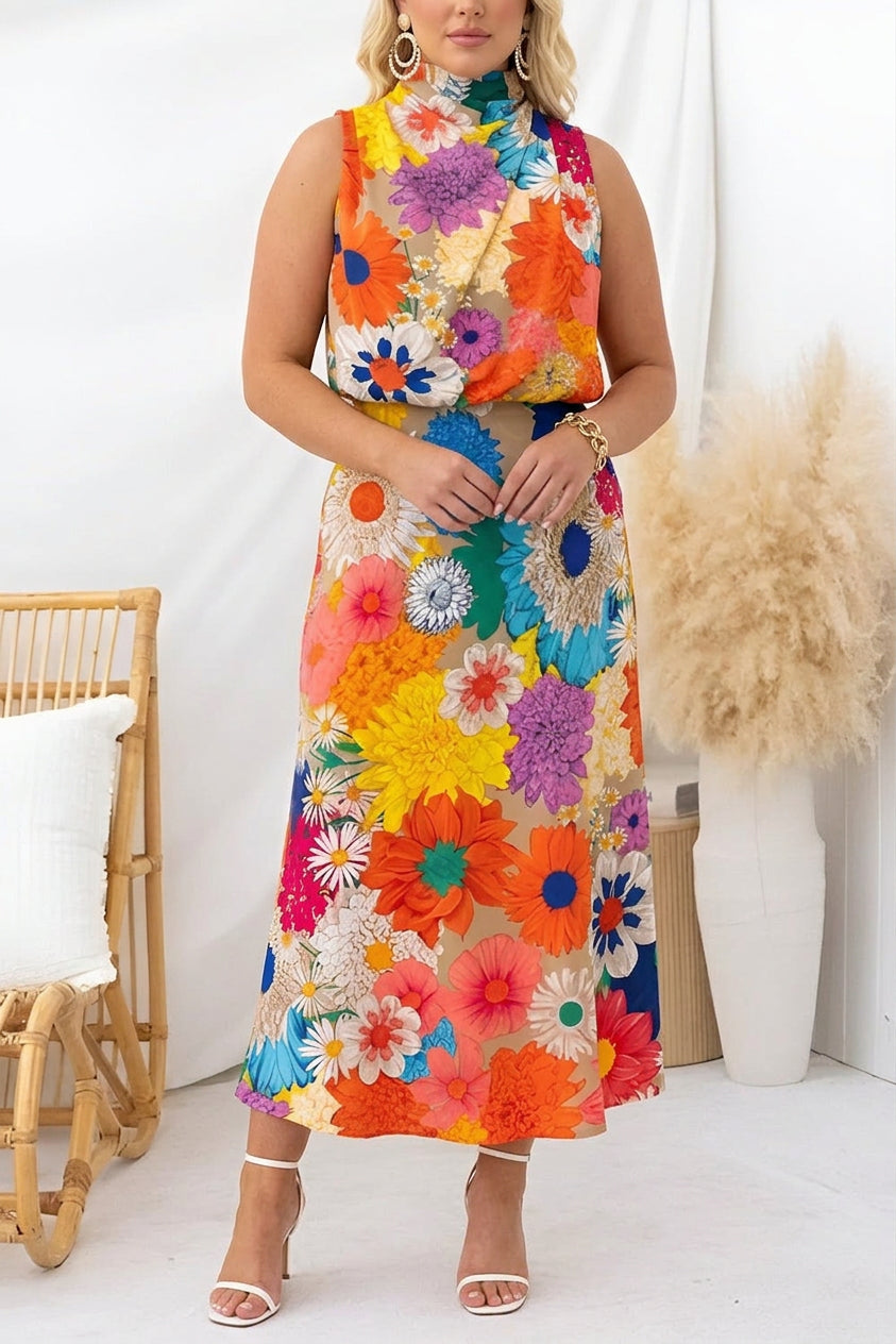 Summer | Sleeveless Tie Neck Waisted Floral Print Maxi Dress - Plus size model