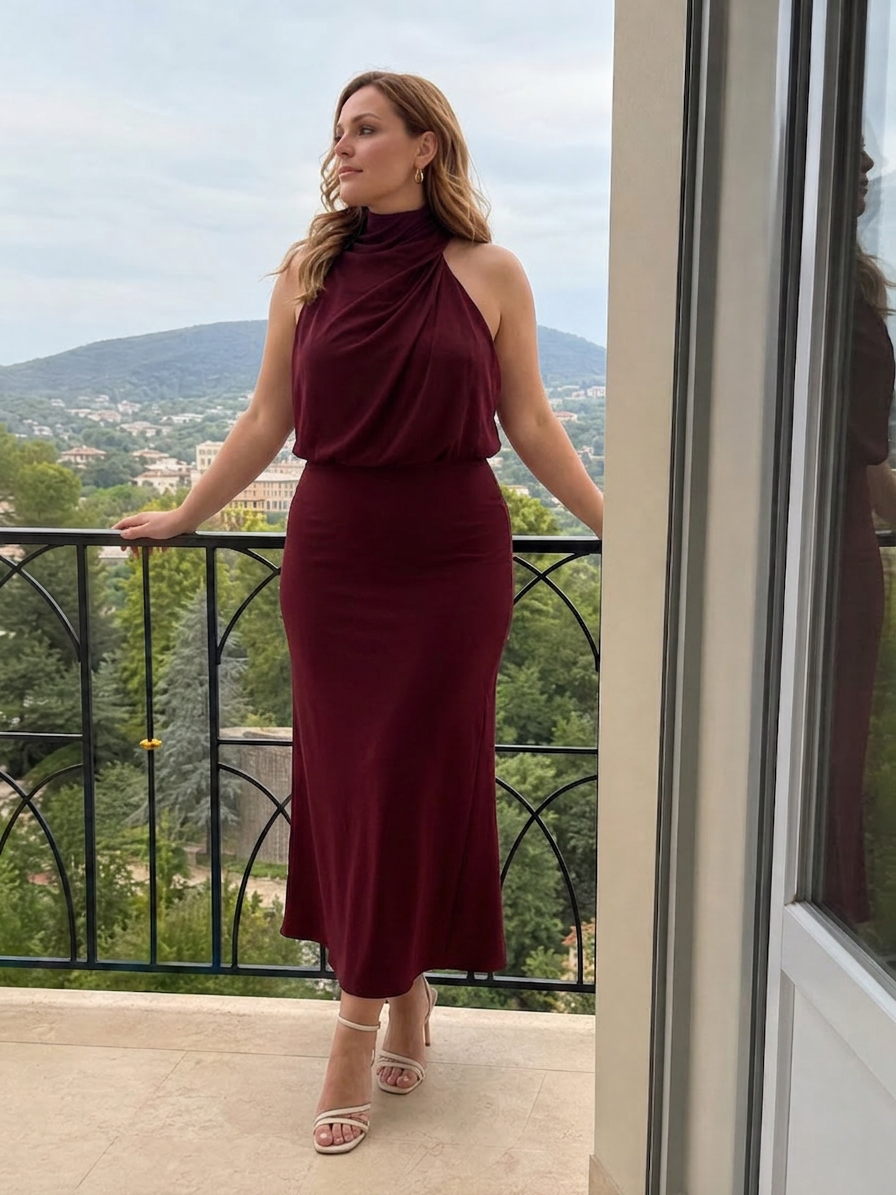 Nopal | Sleeveless Draped Neck Midi Dress - Plus size model