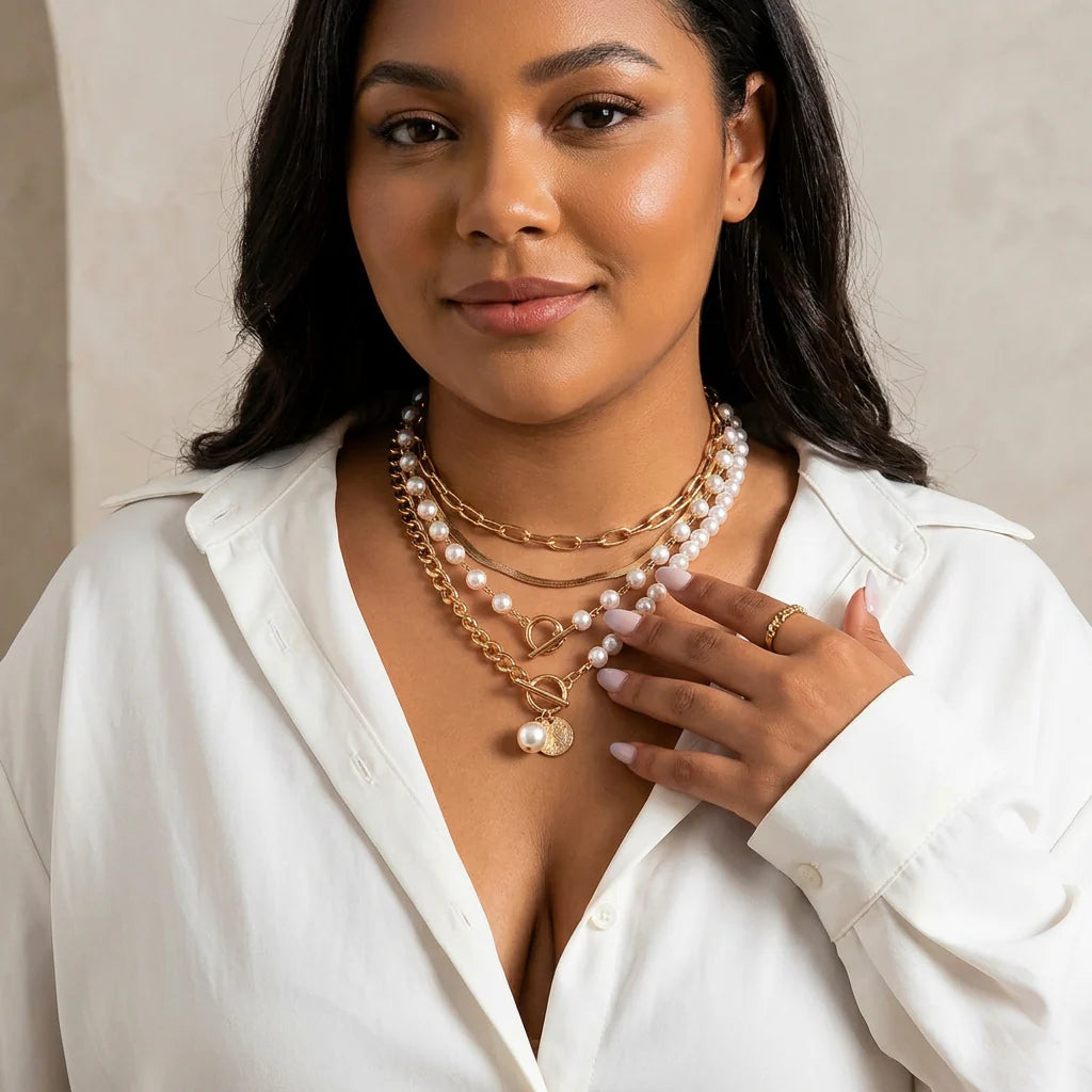 Vintage Pearl & Gold Snake Chain Necklace Set | Gold - Plus size model