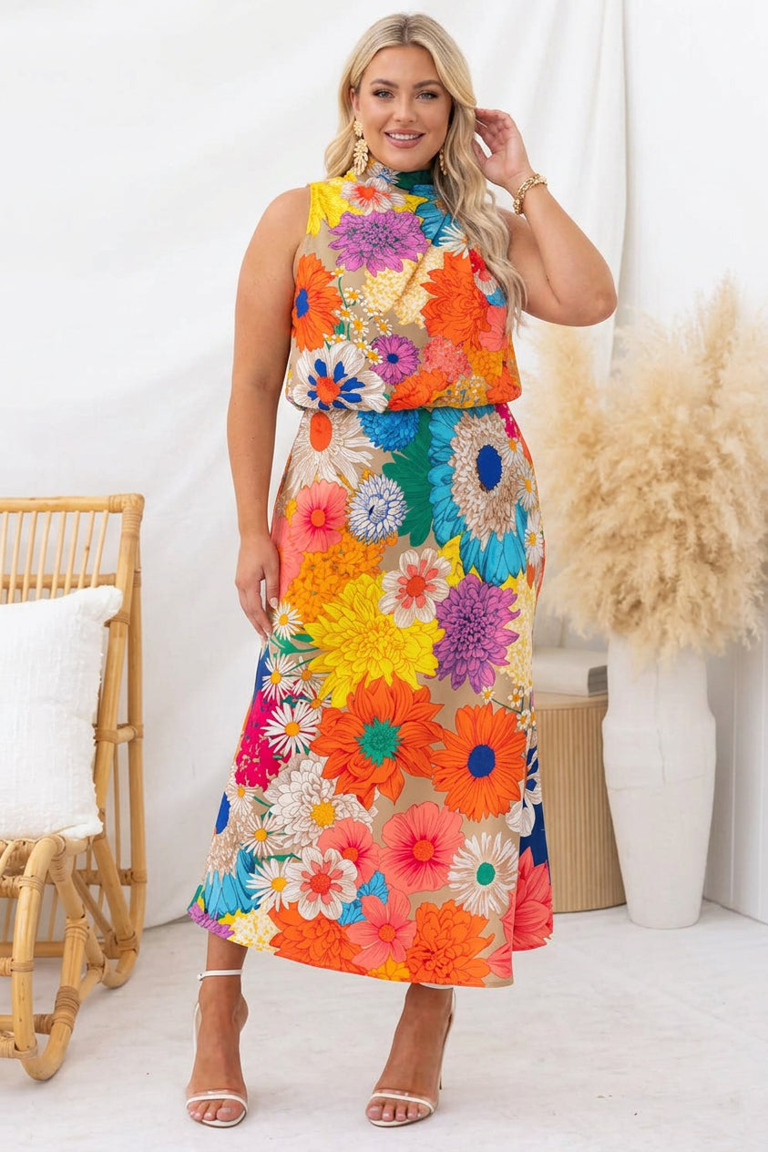 Summer | Sleeveless Tie Neck Waisted Floral Print Maxi Dress - Plus size model