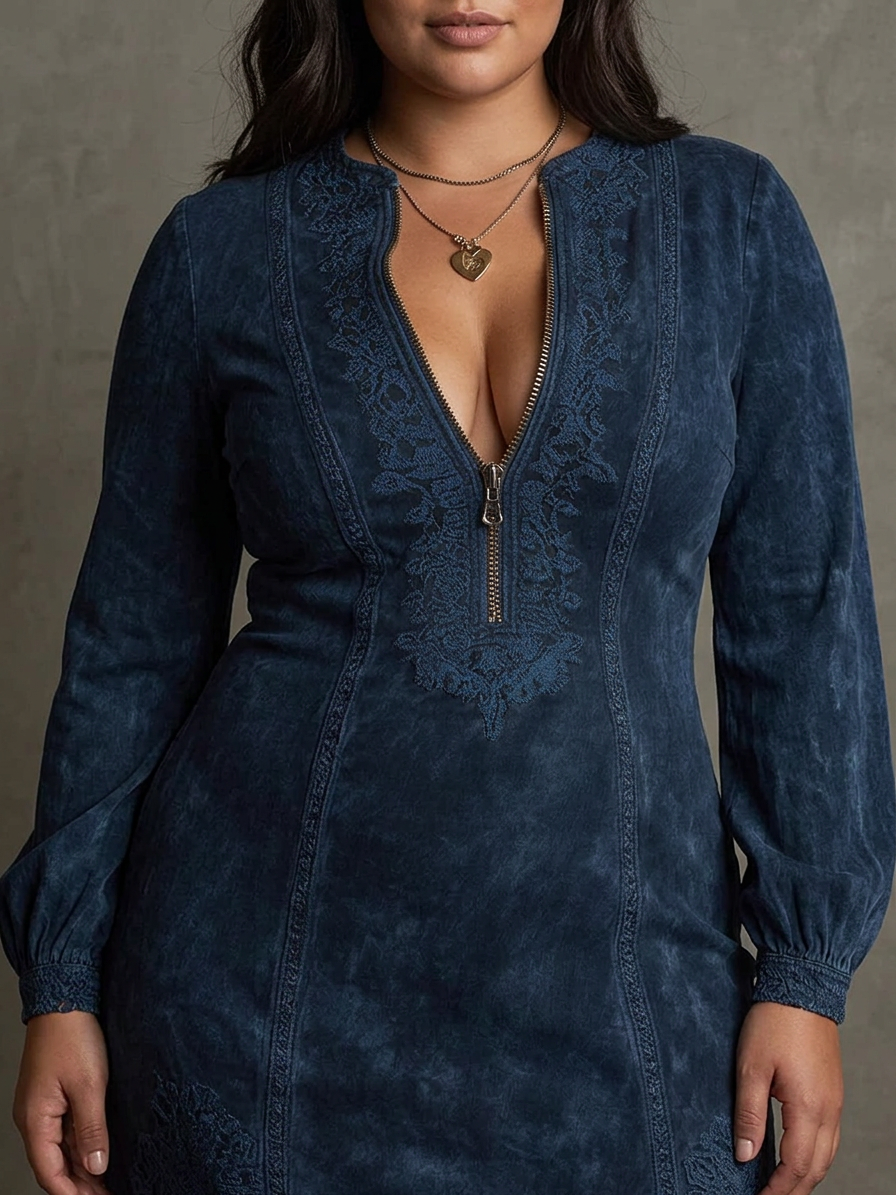 Jasmine – Blue Suede Mini Dress with Lace - Plus size model