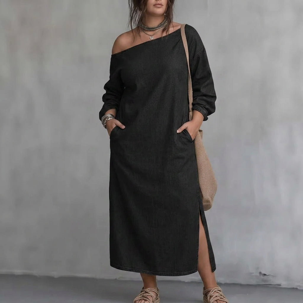 Selene Off-Shoulder Slit Dress: Modern Minimalist Elegance - Plus size model
