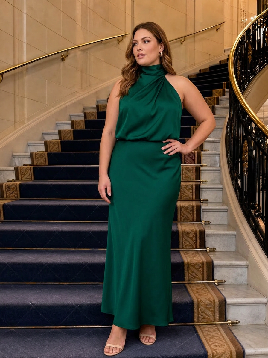 Nopal | Sleeveless Draped Neck Midi Dress - Plus size model