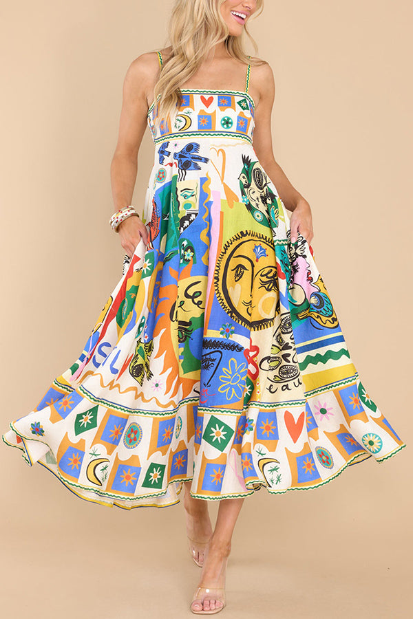 Kaitlyn - Joyful Glow Goddess Linen Blend Unique Print Pocketed Smocked Back Midi Dress