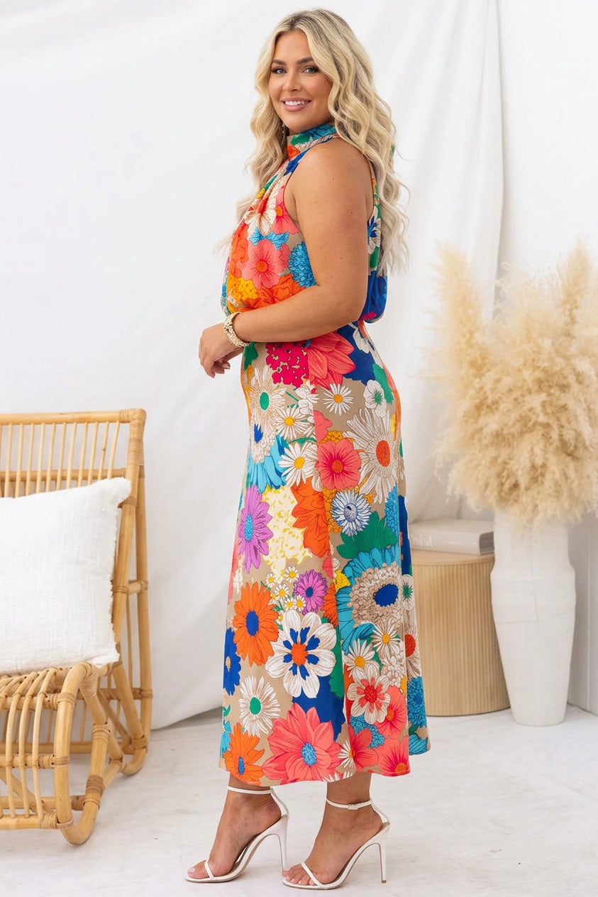 Summer | Sleeveless Tie Neck Waisted Floral Print Maxi Dress - Plus size model