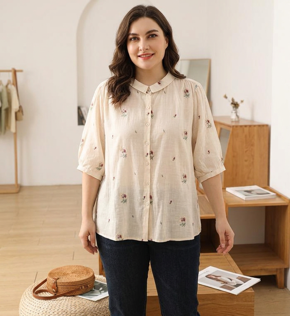 Chloe - Cotton Floral Embroidered Comfortable Shirt - Plus size model