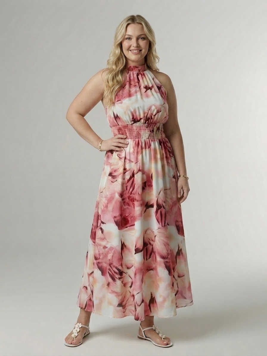 Sylin | Gathered Halter Midi Dress - Plus size model