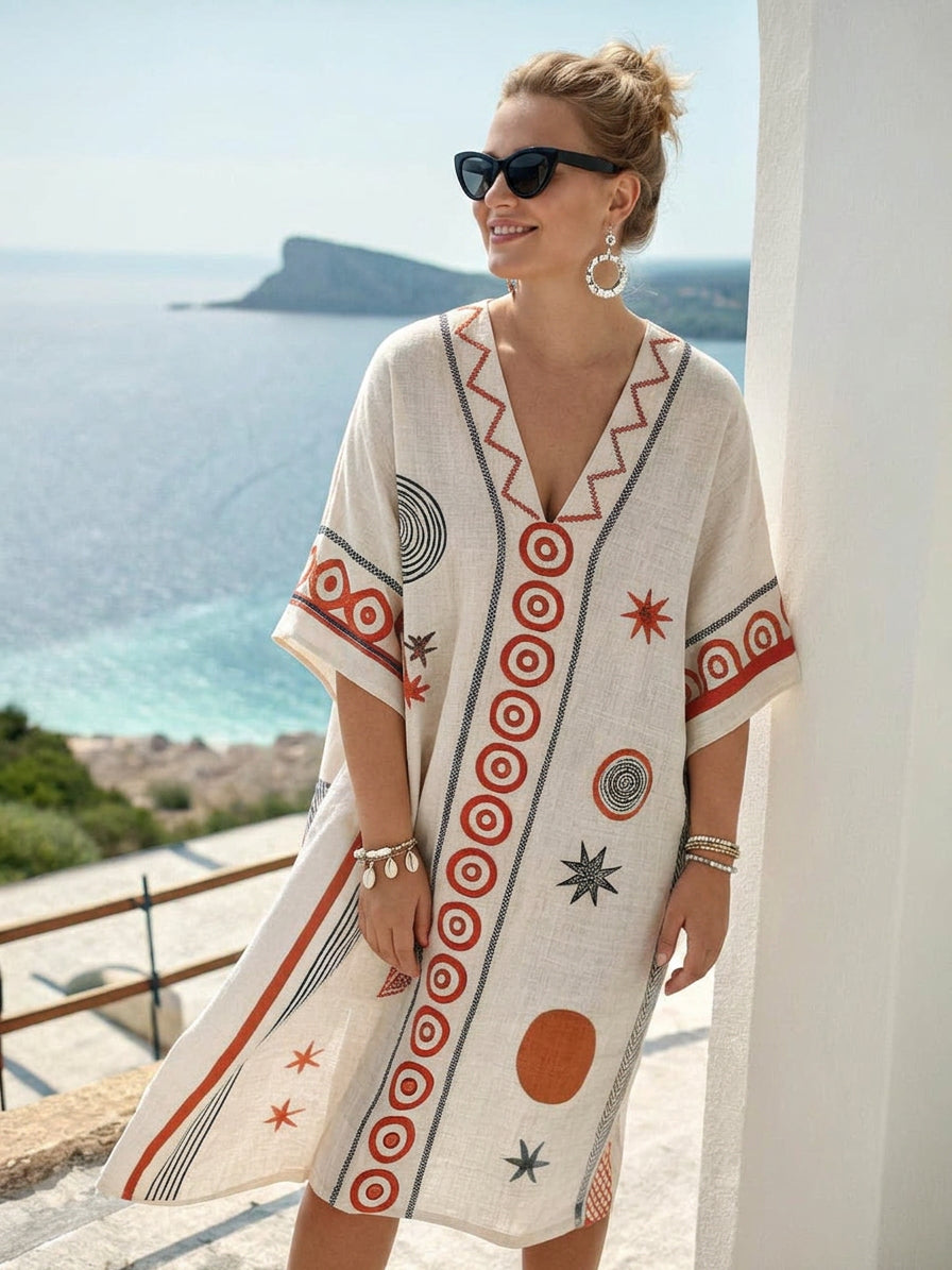 Solstice | Coastal Geometric Embroidered Mini Dress - Plus size model