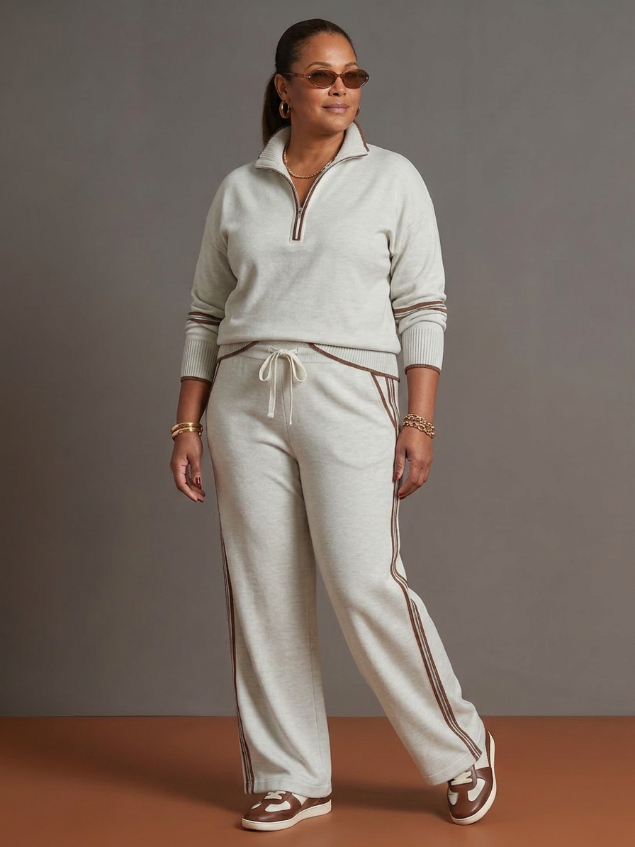 Rain | Zip Neck Long Sleeve Side Stripe Leg Pants Set - Plus size model