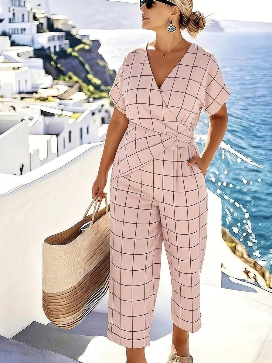 Amelia | Coastal Chic Grid Jumpsuit - Plus size model
