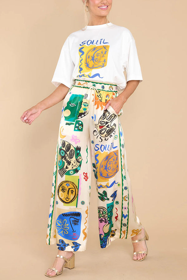 Alexis - Meralda Unique Print Elastic Waist Pocketed Wide Leg Pants
