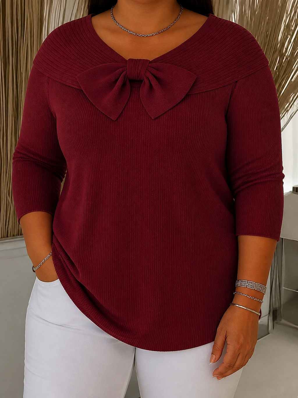 Tivella | Sweater with Bow and Round Neckline - Plus size model