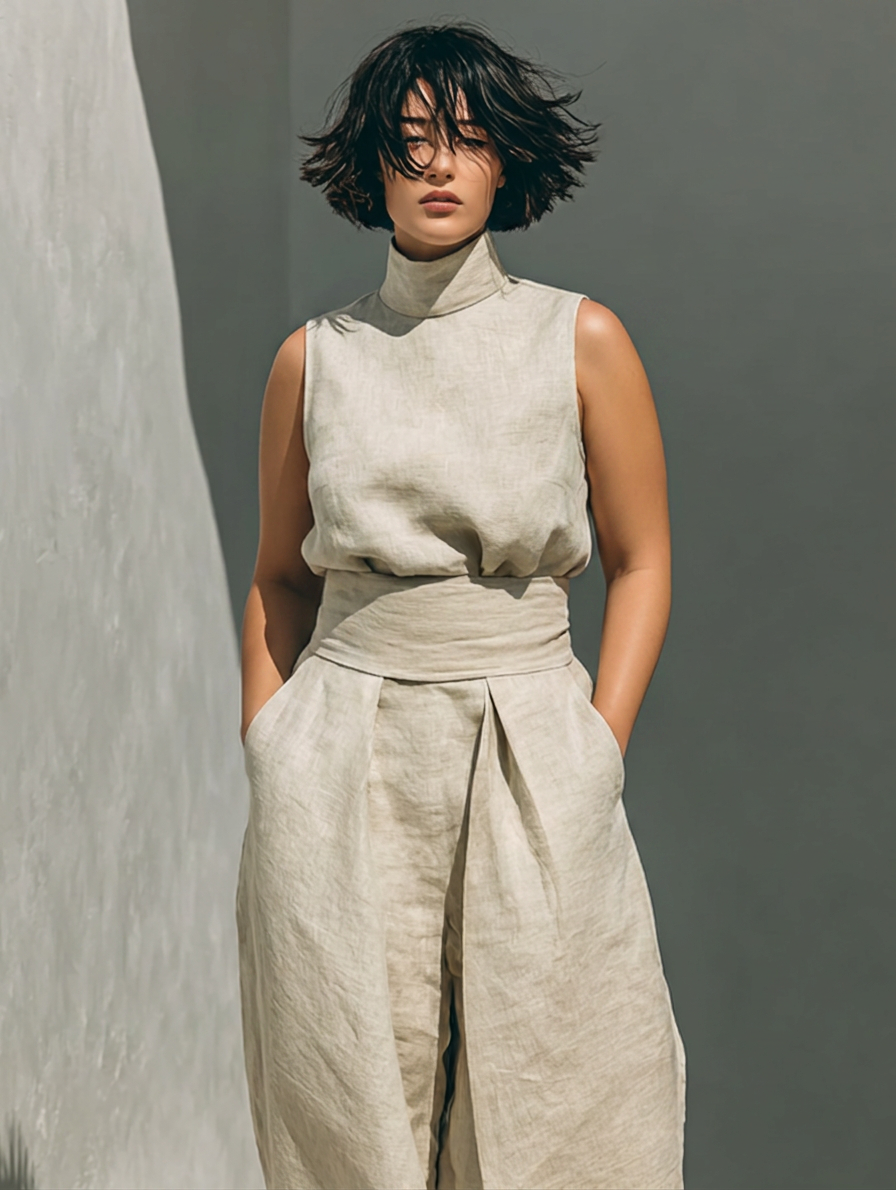 Set consisting of a sleeveless blouse and wide-leg pants made of a cotton-linen blend. - Plus size model