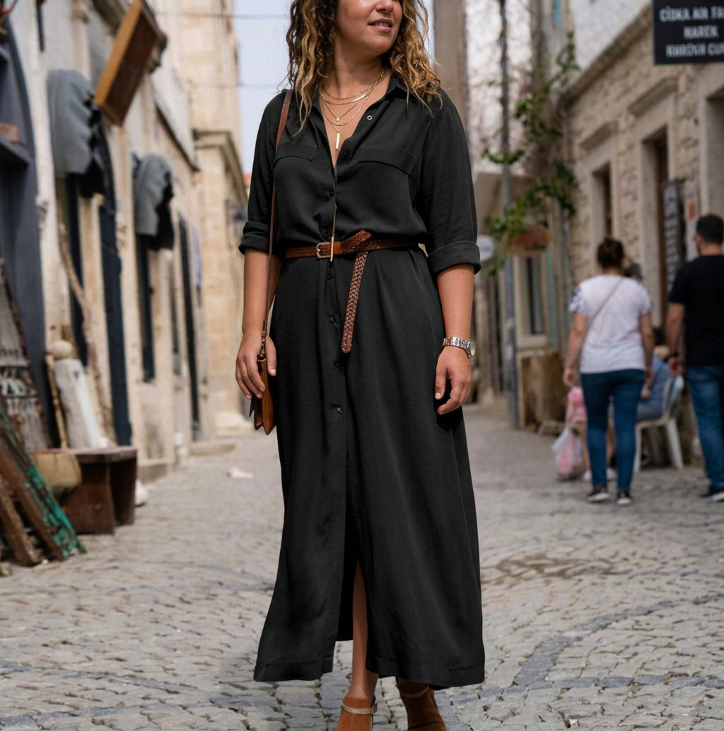 Vivienne Long Sleeve Belted Dress: Elegant Feminine Silhouette - Plus size model