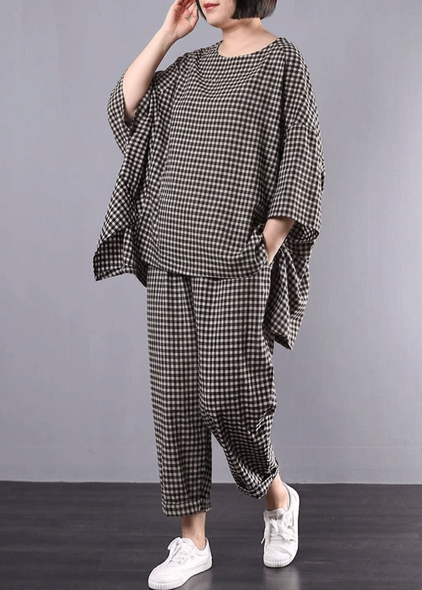 Penelope - Casual Plus Size Cotton Linen red Plaid Vintage Blouse And Pants - Plus size model