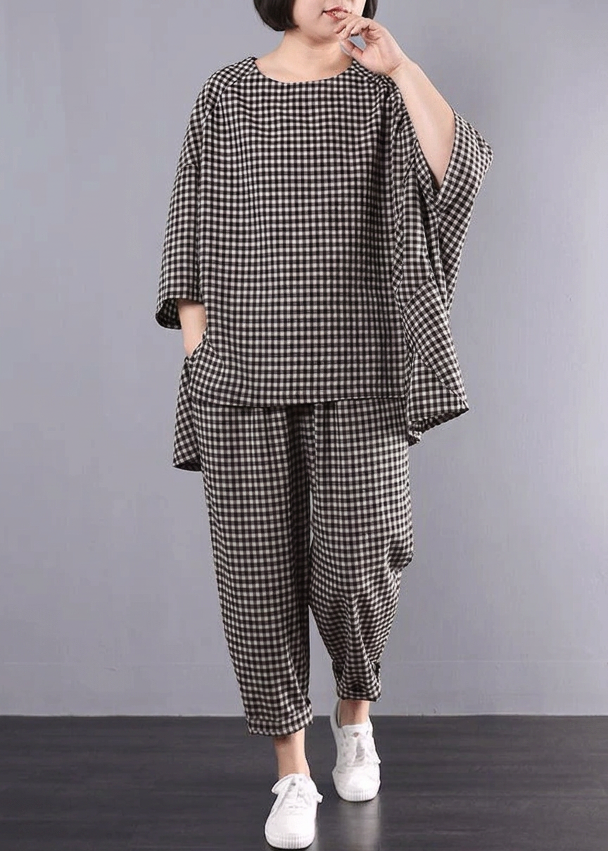 Penelope - Casual Plus Size Cotton Linen red Plaid Vintage Blouse And Pants - Plus size model