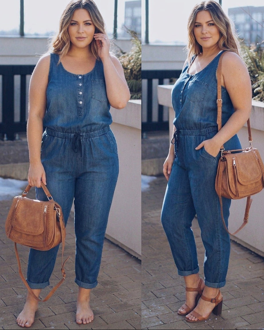 Catherine Denim Jumpsuit - Plus size model