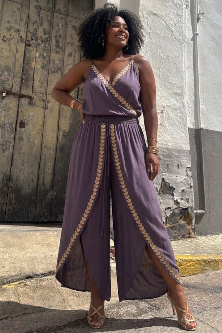 Palmer - Tamia Gold Trim Elastic Waist Slit Wide Leg Slip Jumpsuit - Plus size model