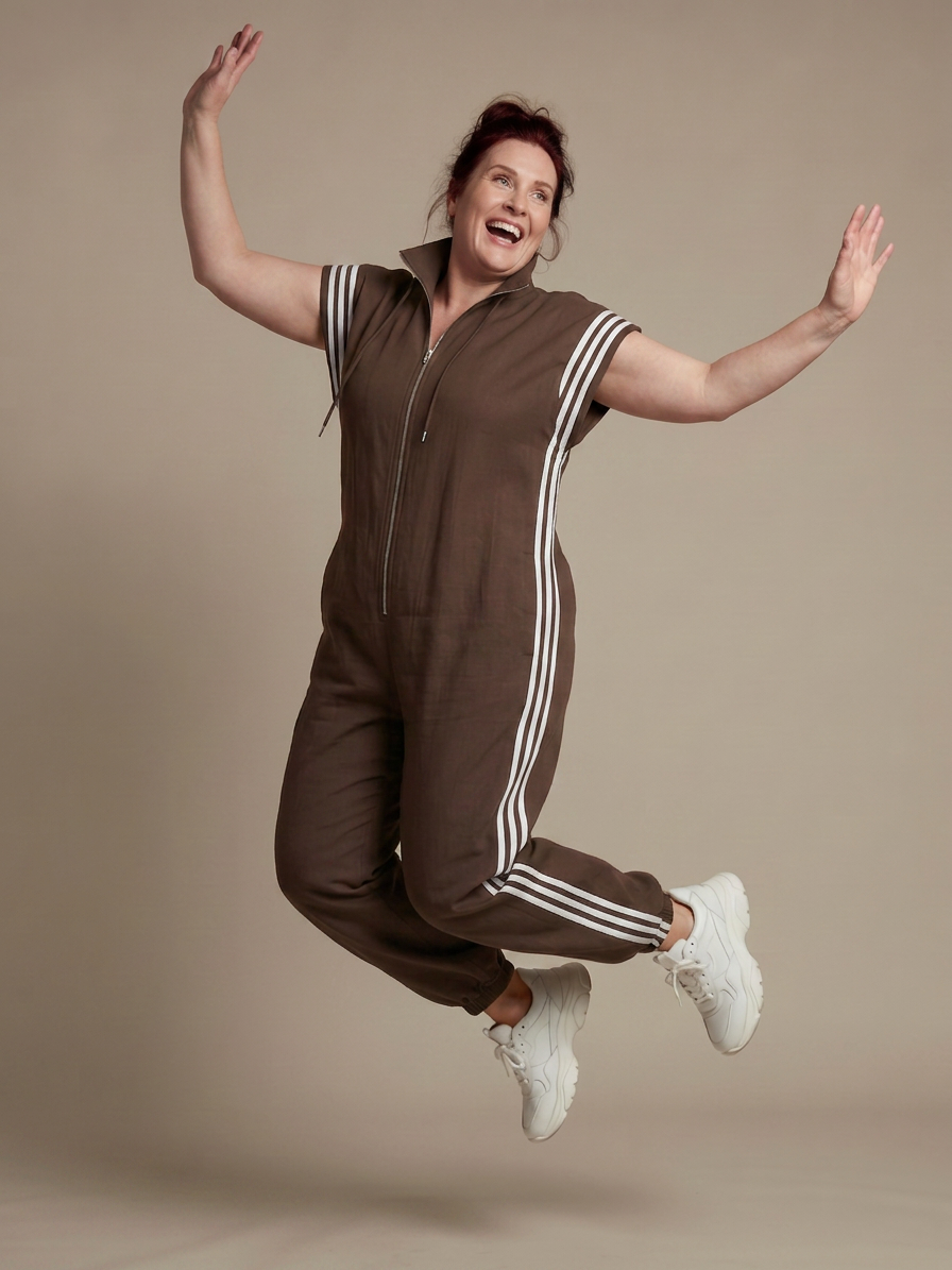 Lark | Zip Front Stripe Panel Jumpsuit - Plus size model