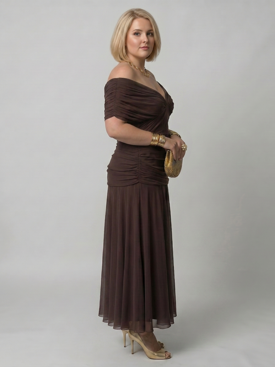 Calen | Off Shoulder Flow Midi Dress - Plus size model