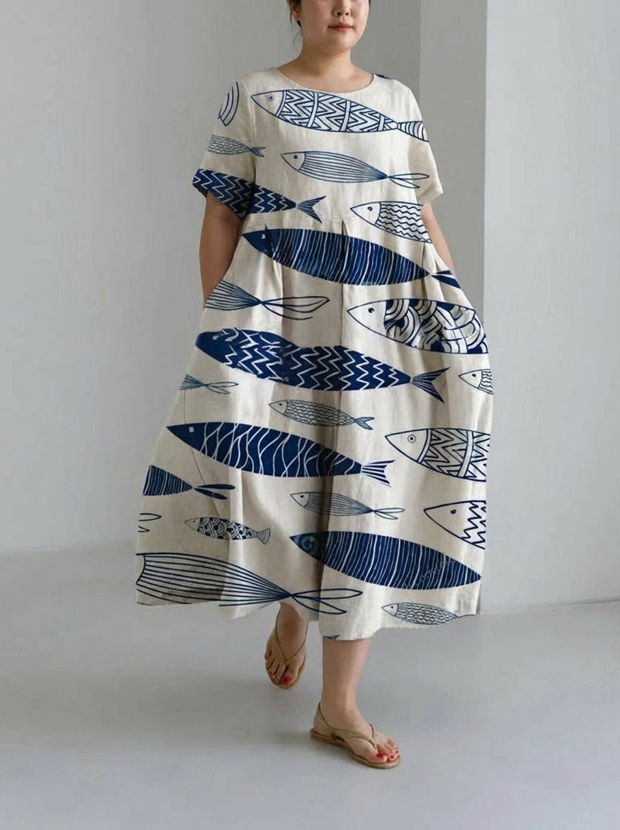 Women's Fish Print Loose Round Neck Medium Length Skirt Dress - Plus size model
