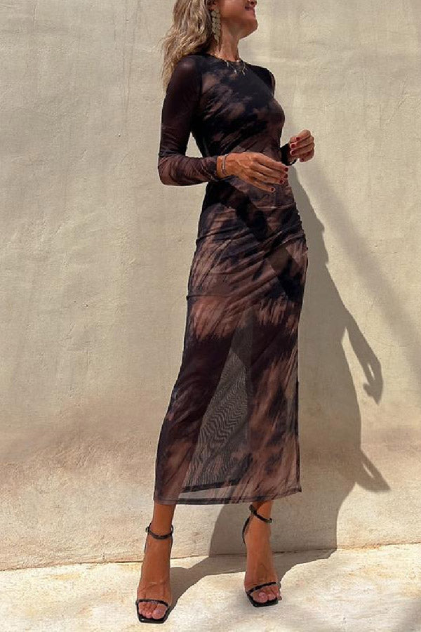 Jasmine - Charm Lady Mesh Overlay Tie Dye Print Long Sleeve Ruched Stretch Midi Dress