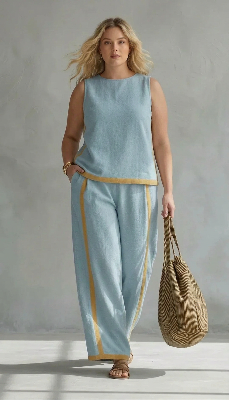 Ursula - Elegant and Casual Set of Vest and Pants with Bicolor Finishes - Plus size model