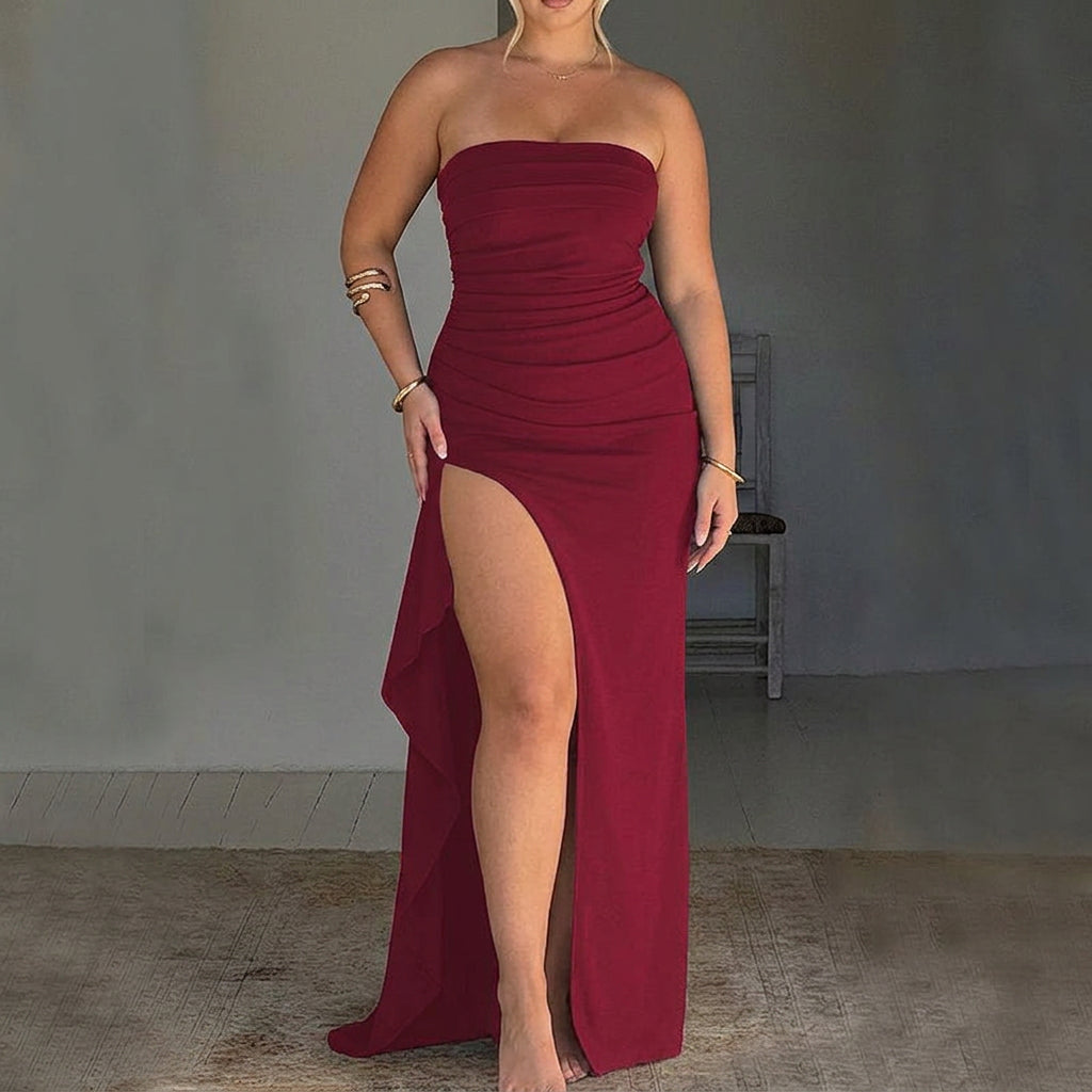 Maxine | Elegant Strapless Ruched High-Slit Maxi Dress - Plus size model