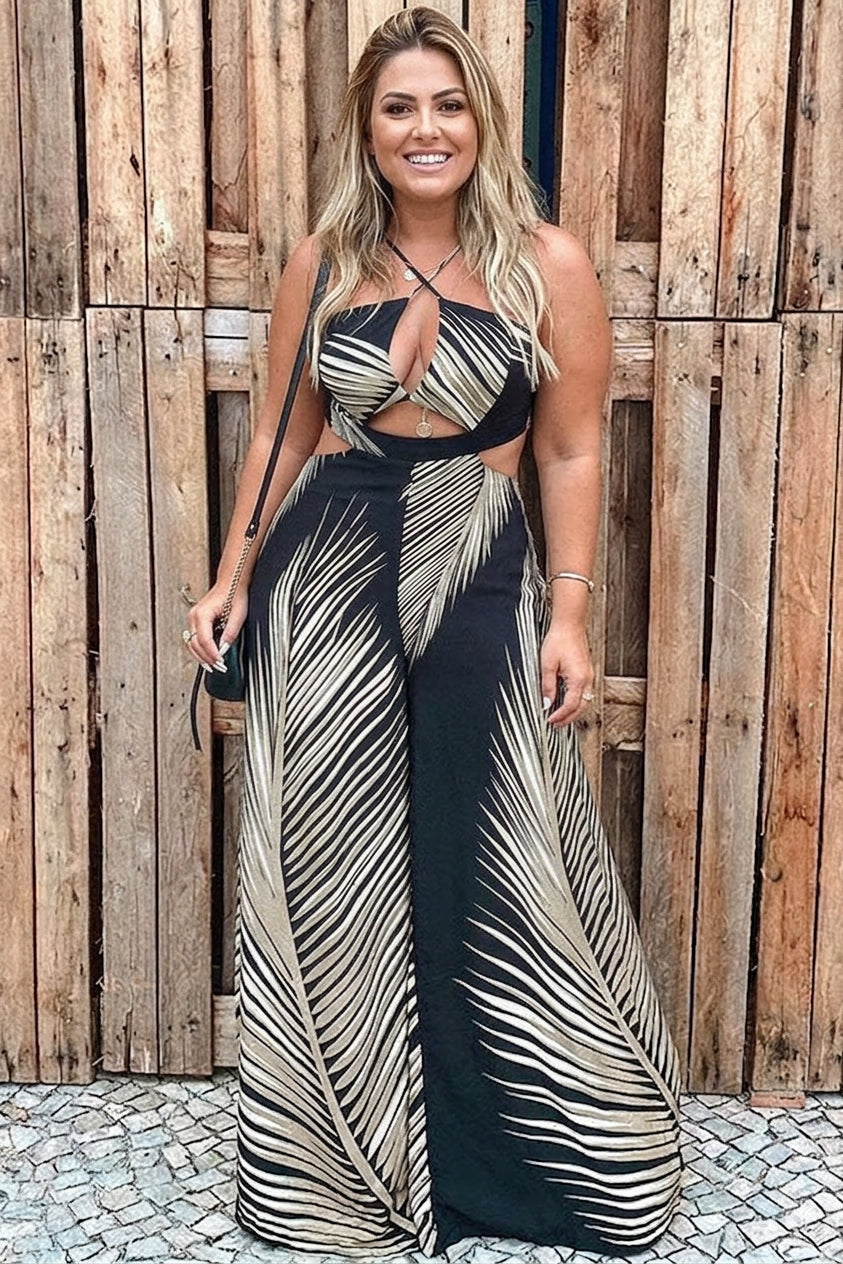 Whitmore - Tropical Palm Leaf Print Cutout Wide Leg Jumpsuit - Plus size model