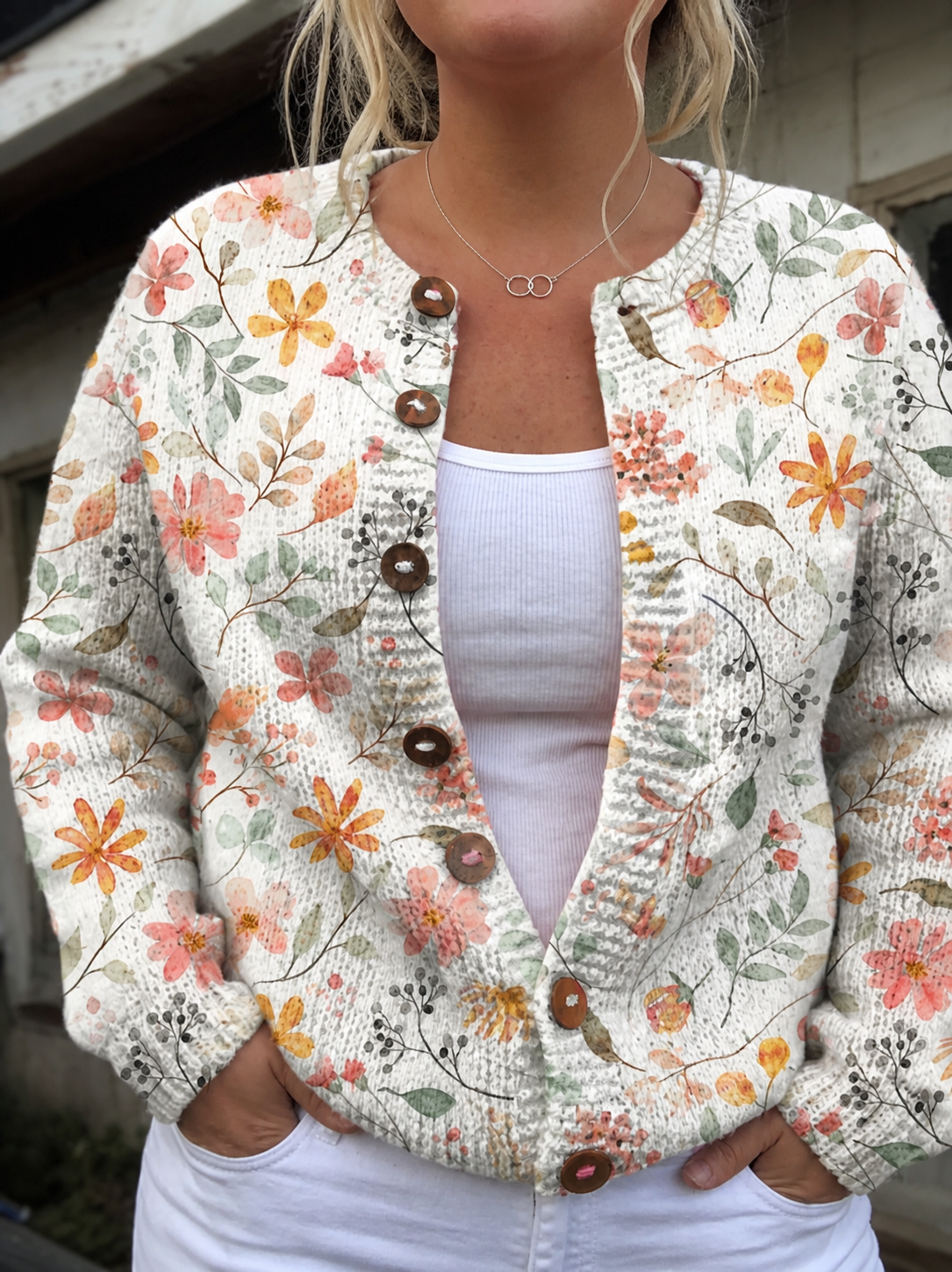 Greta | Vintage Floral Knit Cardigan Sweater - Plus size model