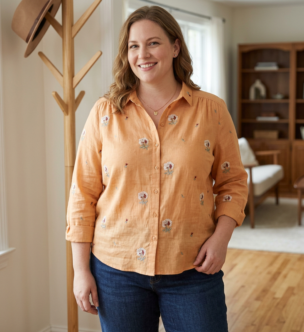 Chloe - Cotton Floral Embroidered Comfortable Shirt - Plus size model