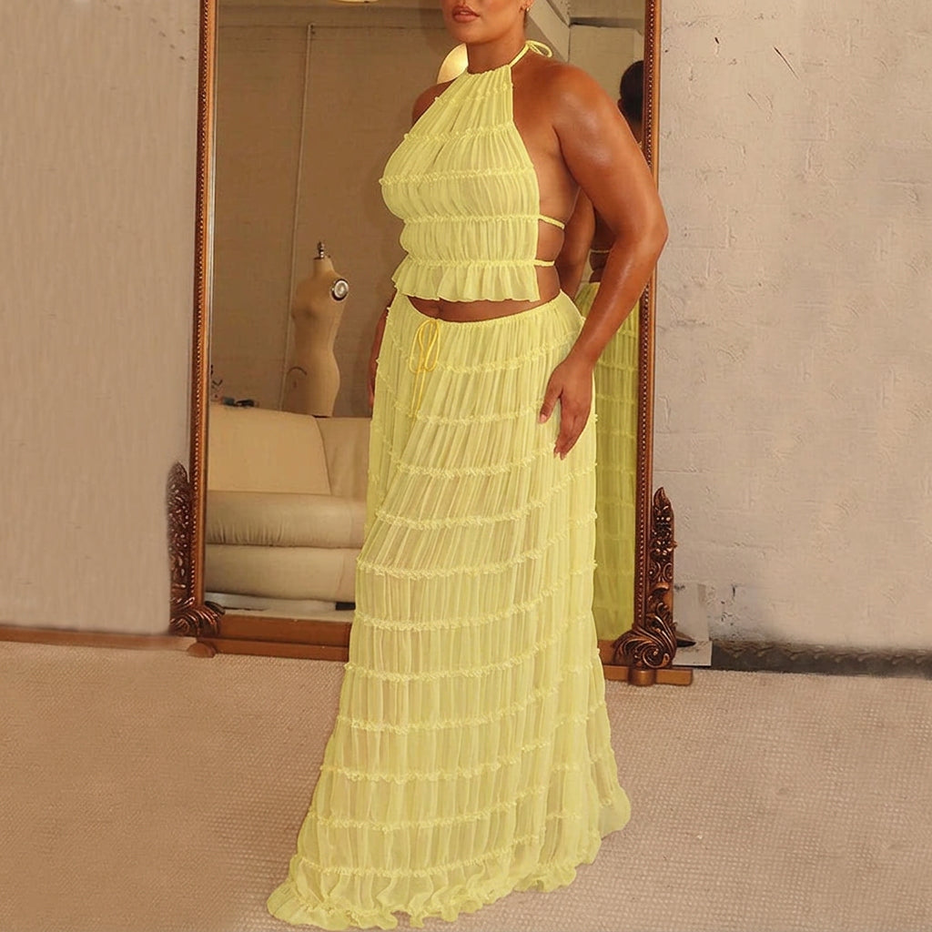 Marina | Ruched Halter Crop Top & Maxi Skirt Set - Plus size model