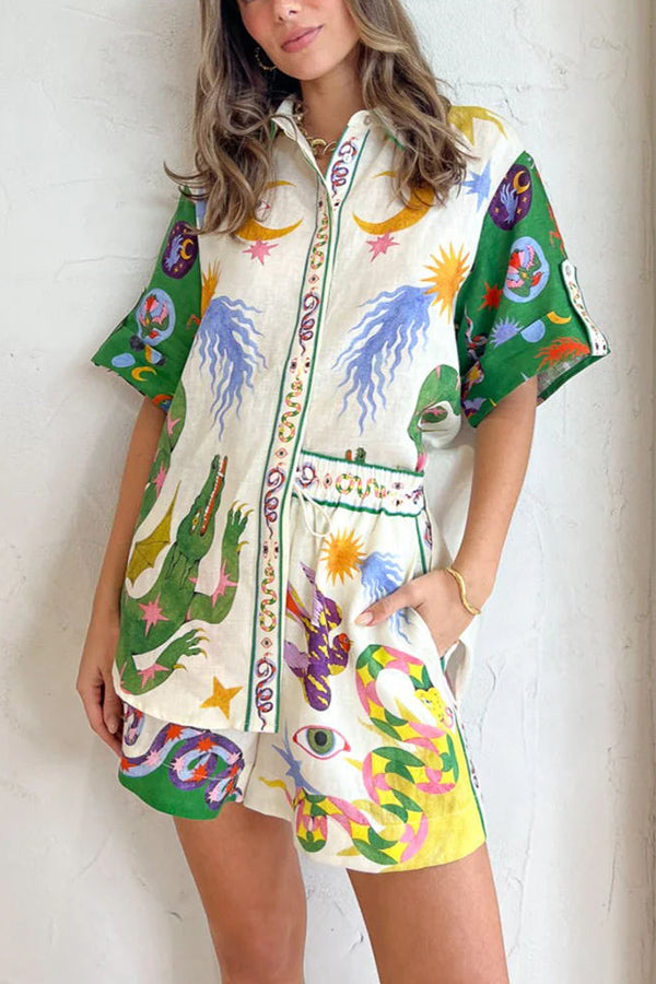 Faith - Days of Heaven Linen Blend Unique Print Blouse and Elastic Waist Pocketed Shorts Set