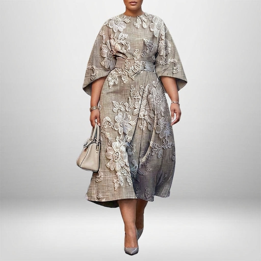ALTHEA | Embroidered Floral Midi with Sculpted Waist and Timeless Grace - Plus size model