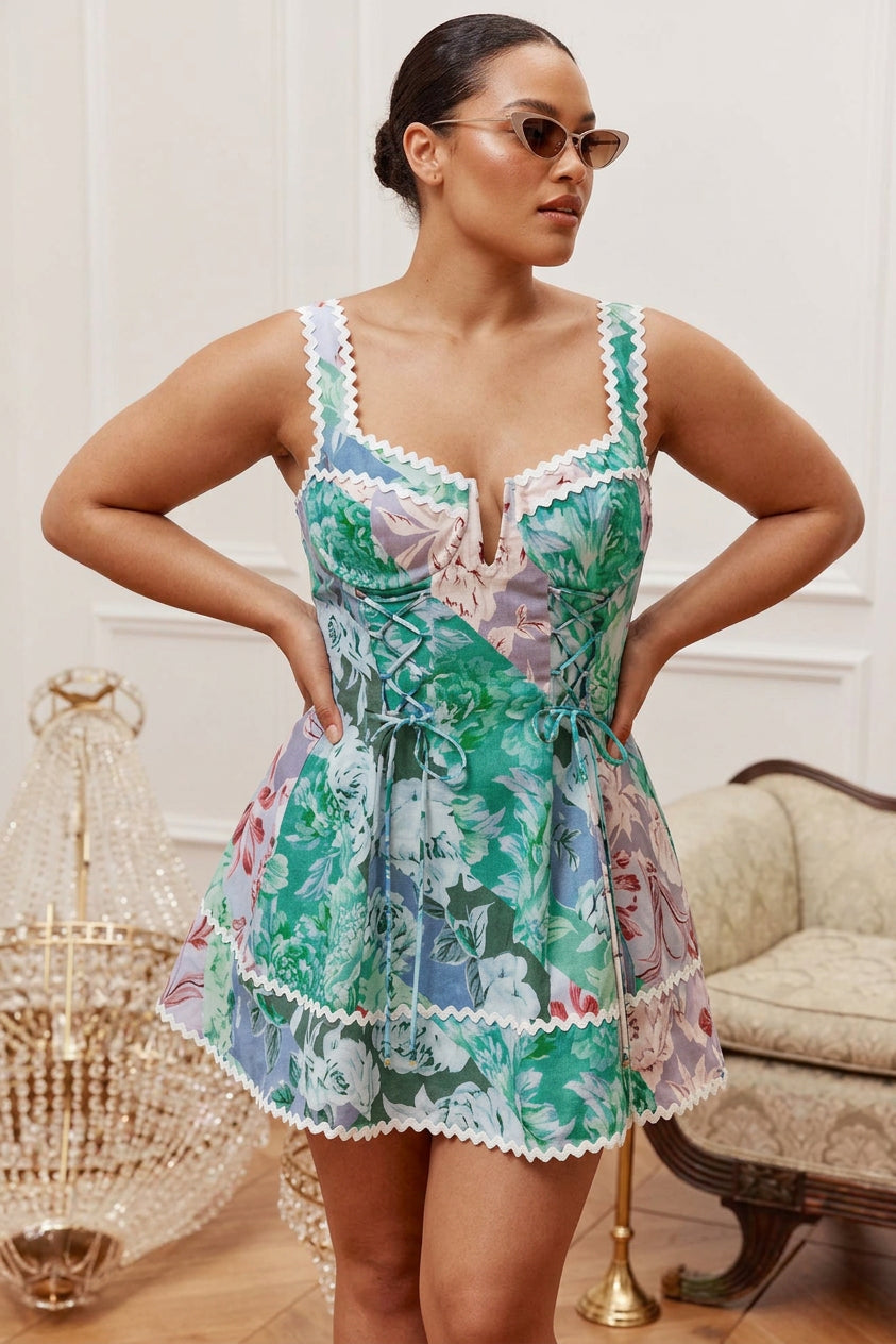 Dawson - Monet Garden Watercolor Floral Print Lace Trim Corset-Style Mini Dress - Plus size model