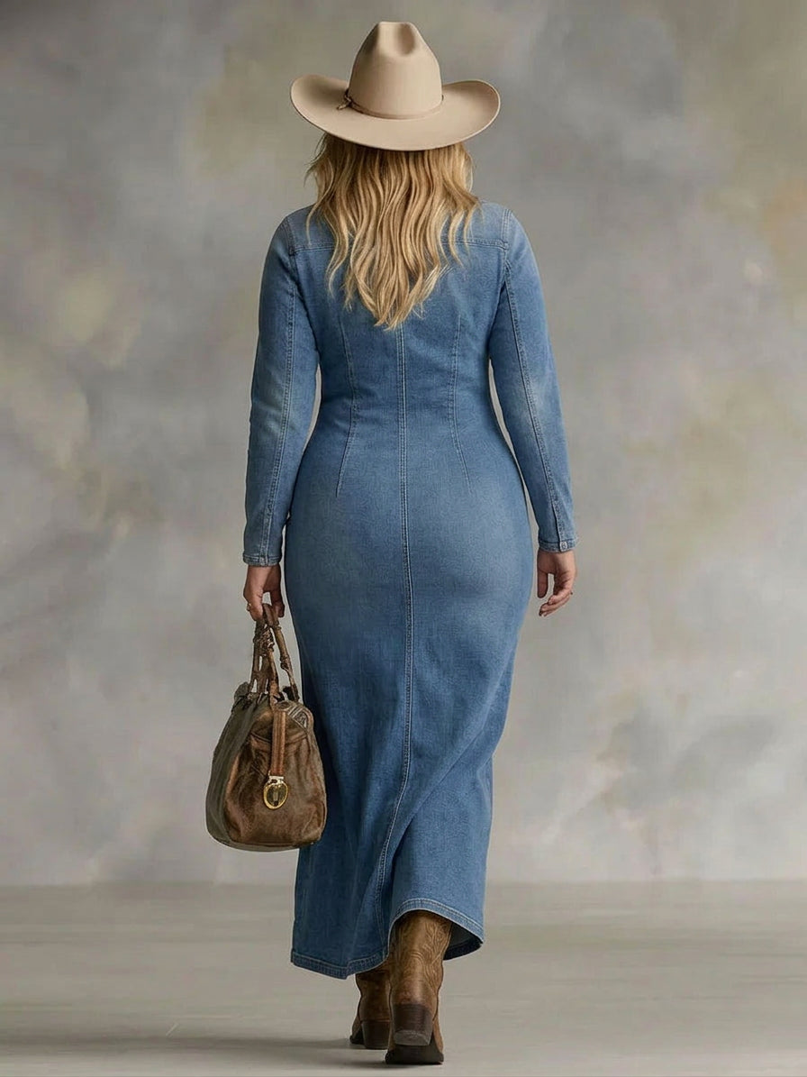 Agape | V-neck Single Button Side Split Denim Long Sleeve Maxi Dress - Plus size model