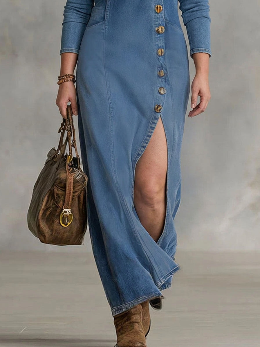 Agape | V-neck Single Button Side Split Denim Long Sleeve Maxi Dress - Plus size model
