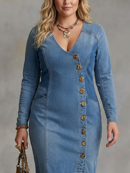 Agape | V-neck Single Button Side Split Denim Long Sleeve Maxi Dress - Plus size model