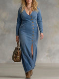 Agape | V-neck Single Button Side Split Denim Long Sleeve Maxi Dress - Plus size model