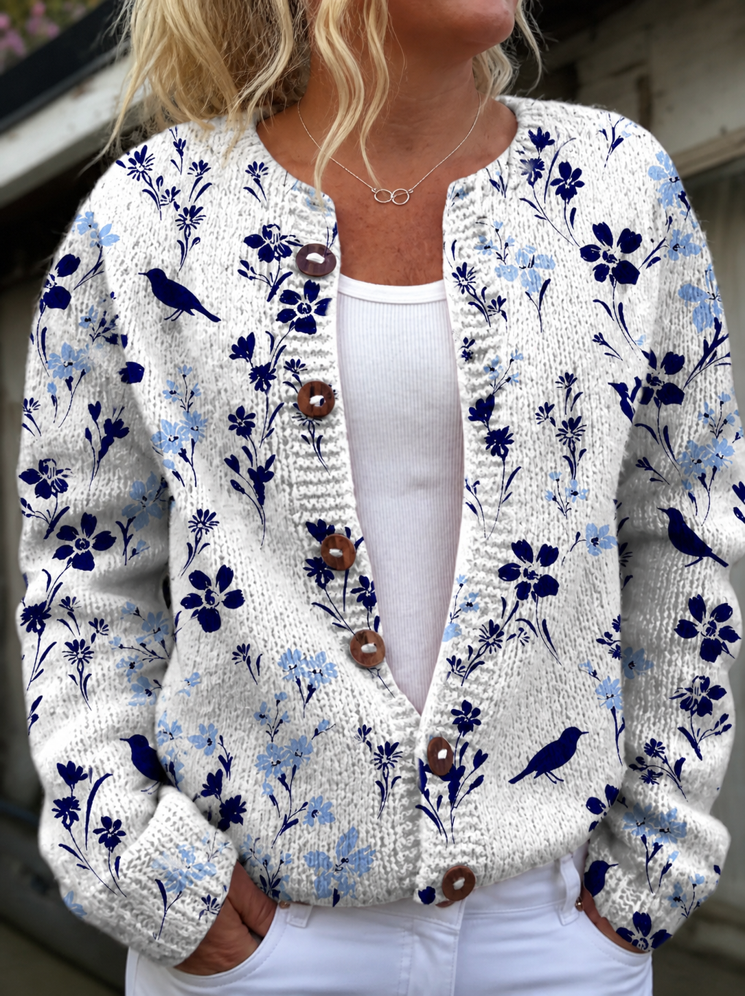 Vynora | Vintage Floral Bird Print Button-Front Cardigan Sweater - Plus size model
