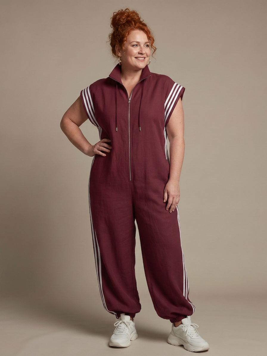 Lark | Zip Front Stripe Panel Jumpsuit - Plus size model