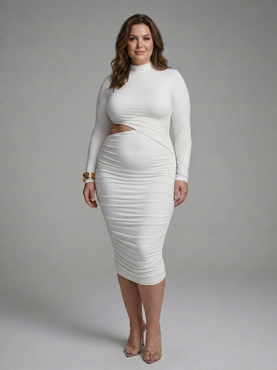 Nerine | Midi Dress with Side Cut and Long Sleeves - Plus size model