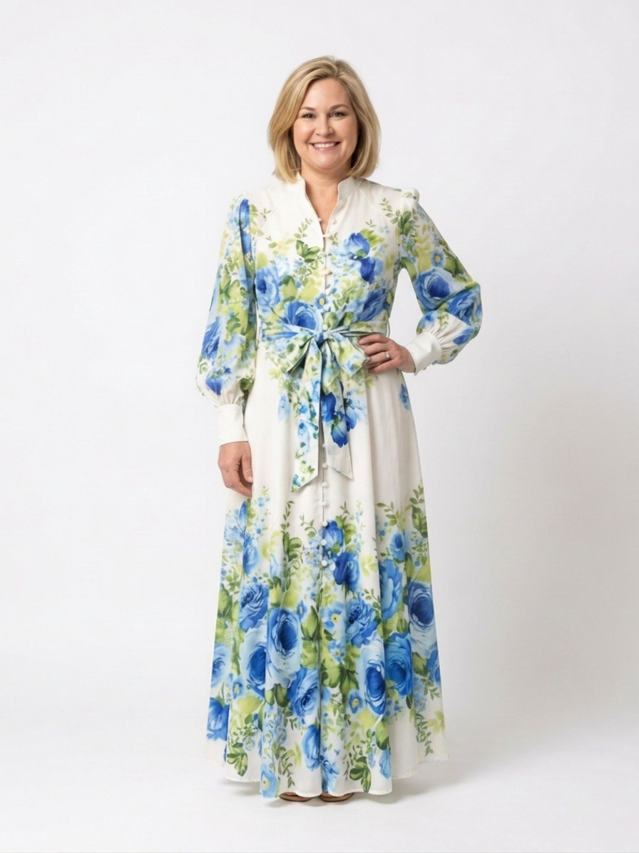Harper | Long Sleeve Floral Button Front Maxi Dress - Plus size model