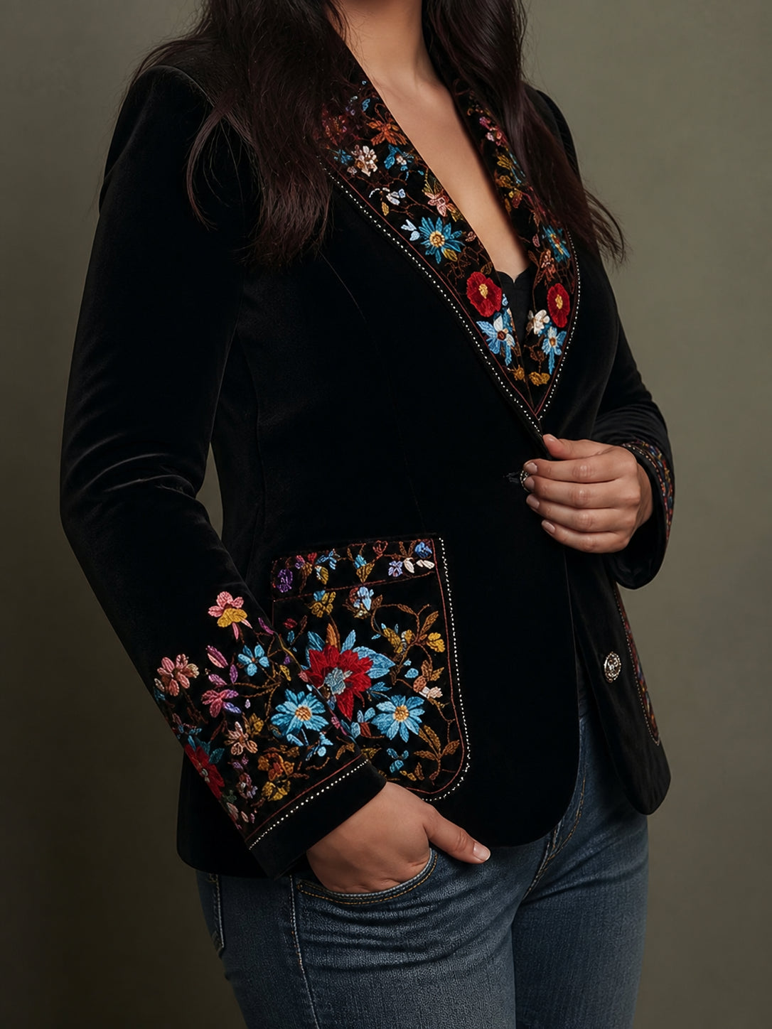 Women’s Colorful Floral Embroidered Blazer - Plus size model