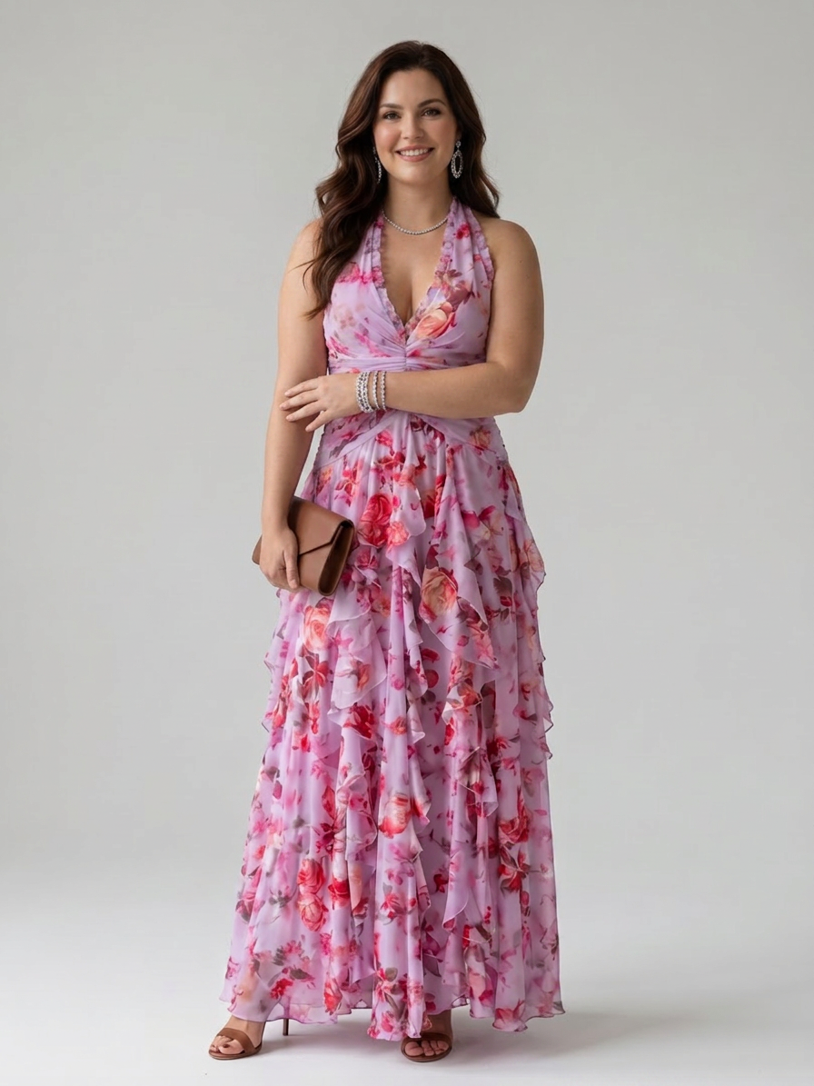 Nori | Halter Neck Ruched Bodice Floral Maxi Dress - Plus size model