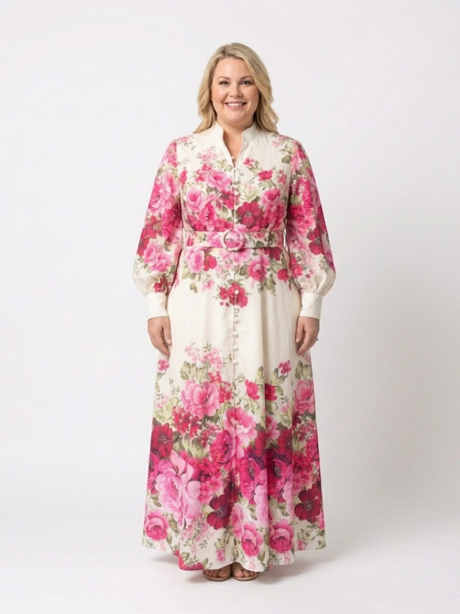 Kennedy | Long Sleeve Floral Belted Maxi Dress - Plus size model
